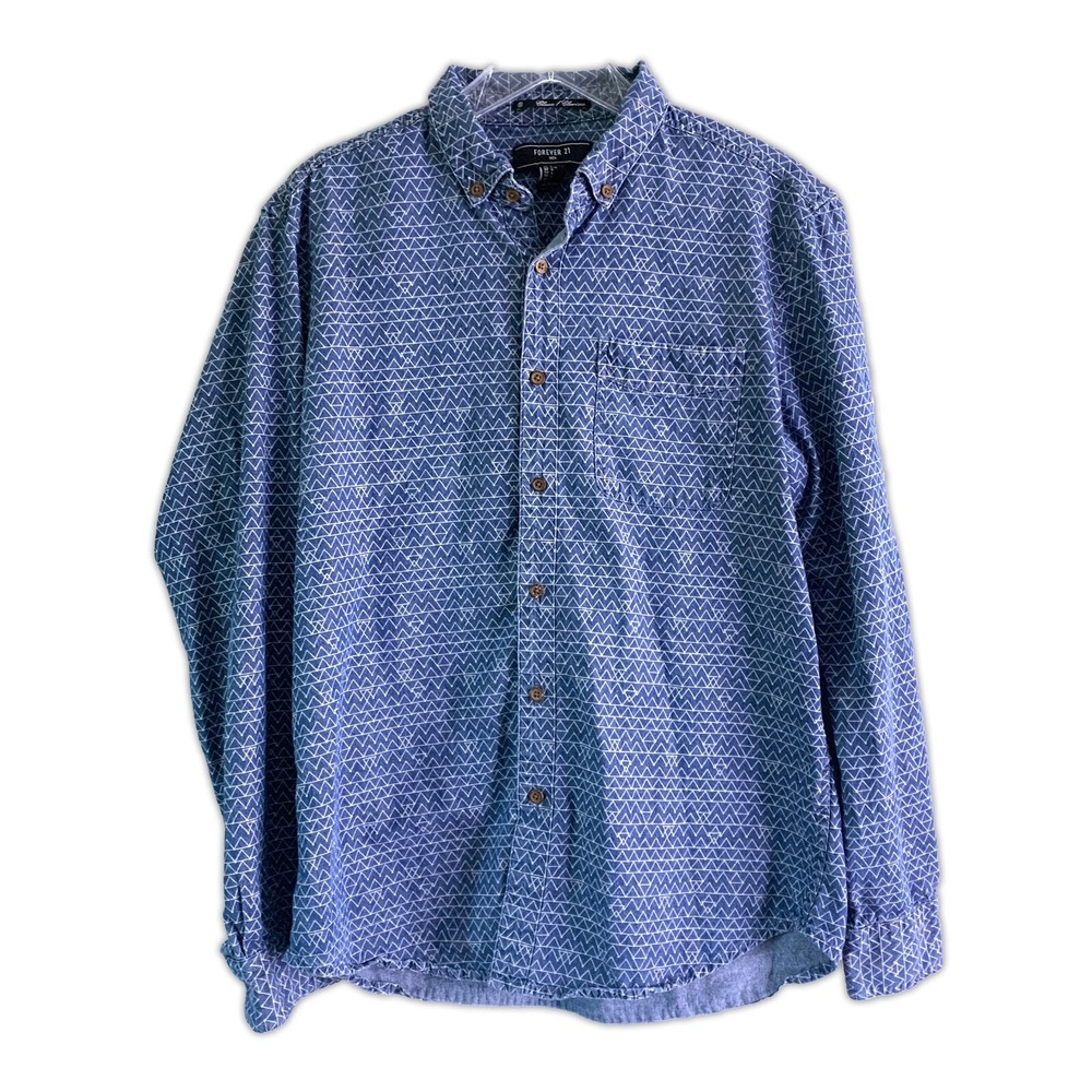 Forever 21 Men Classic Chambray Button‎ Down Shirt Sz L Blue Geometric Triangles